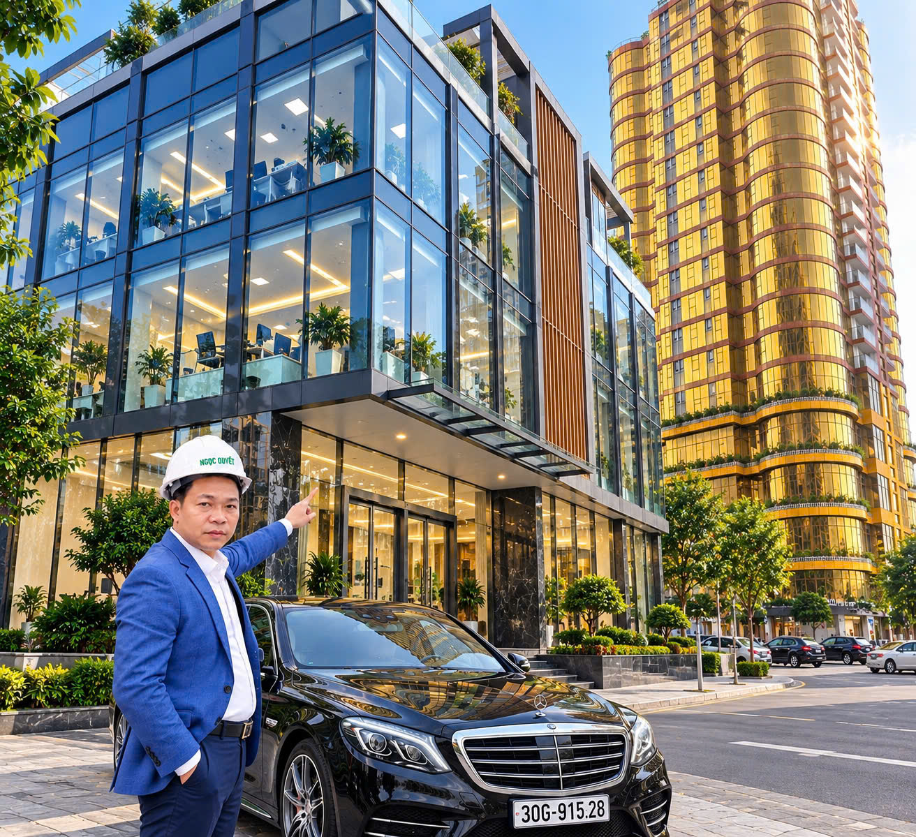 Ô tô Mercedes-Benz màu đen đỗ trước tòa nhà văn phòng kính, bên cạnh người đàn ông đội mũ bảo hộถวายสัตย์